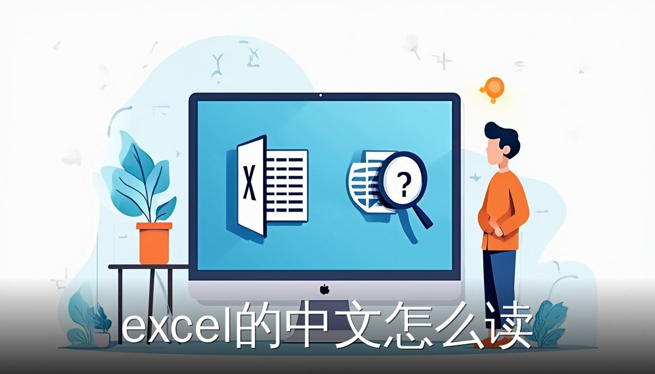 人物在电脑前查询Excel的中文读法，屏幕显示Excel图标和拼音