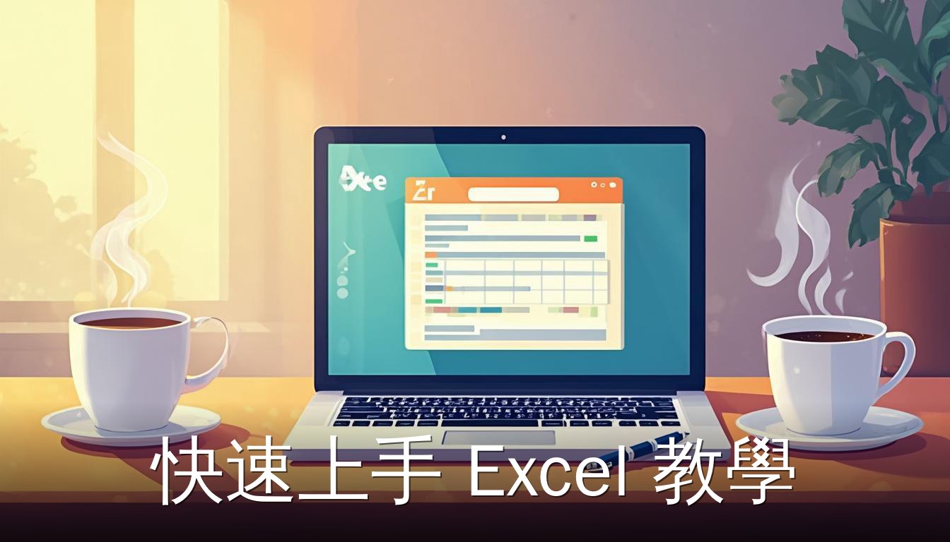 Excel 教學：辦公桌上筆電顯示表格，搭配咖啡與筆，營造學習氛圍