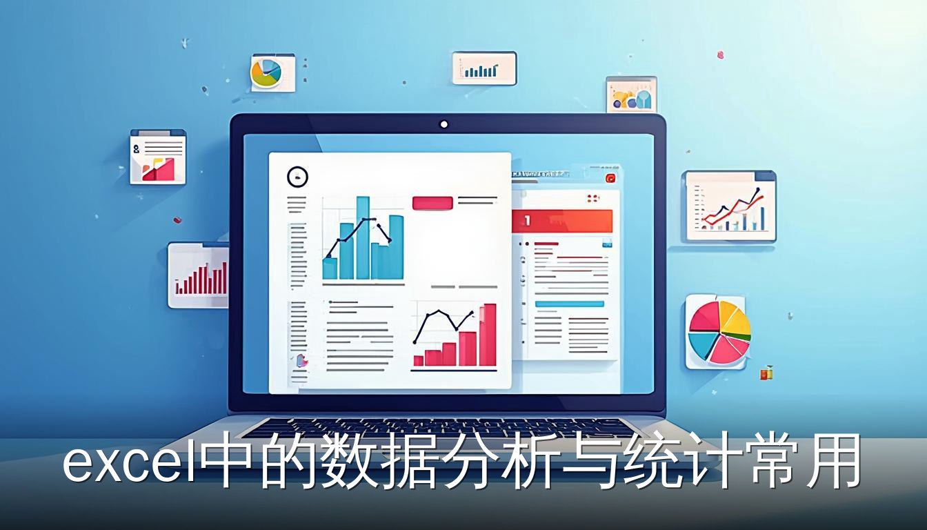 Excel数据分析与统计常用工具方法示意图，笔记本电脑屏幕显示Excel界面，周围有柱状图饼图折线图等统计图表图标